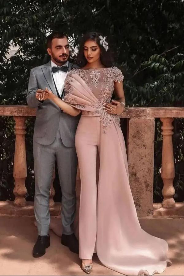 Short Sleeves Dusty Pink Jumpsuit Evening Dress Glitter Beadings Lace Long Prom Dress with Train-newarrivaldress