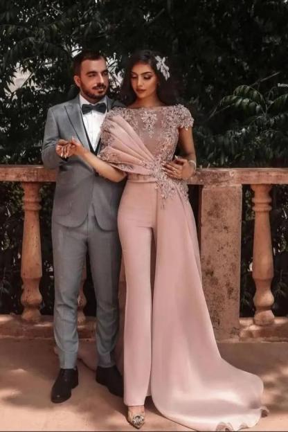 Short Sleeves Dusty Pink Jumpsuit Evening Dress Glitter Beadings Lace Long Prom Dress with Train-newarrivaldress