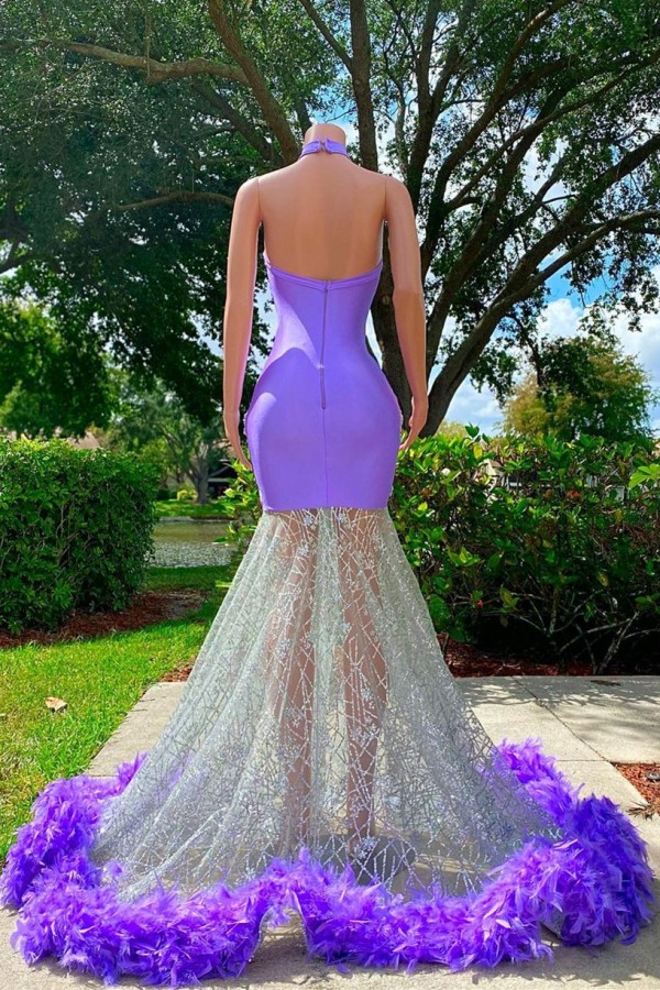 Halter Purple Feather Prom Dress African Women Luxury dresses Birthday Gown-newarrivaldress
