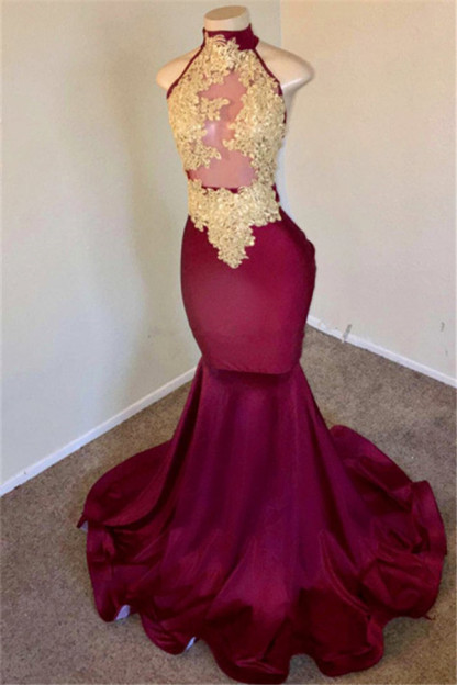 Burgundy High Neck Appliques Sleevless Mermaid Long Prom Dresses-newarrivaldress