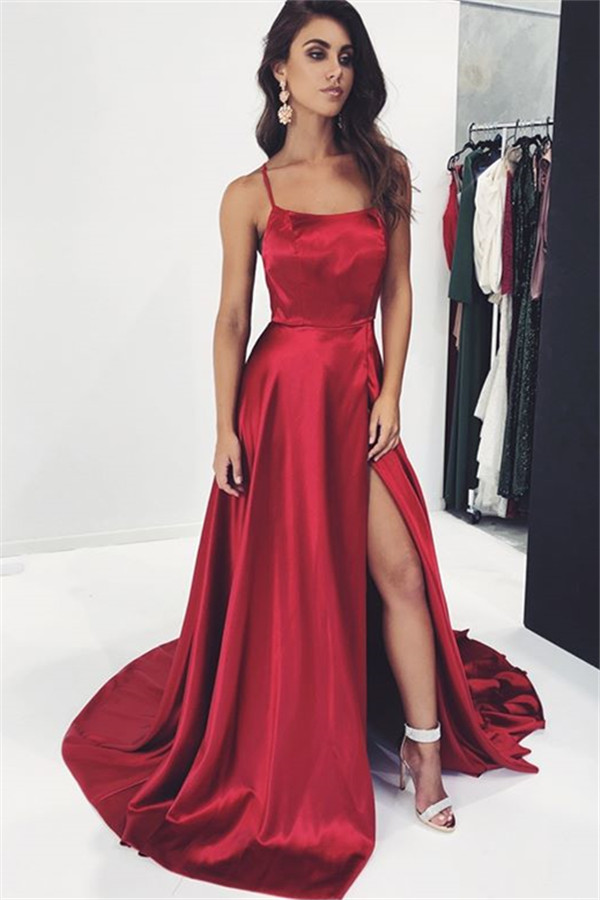 Sexy Burgundy Spaghetti-Straps Side-Slit Prom Dress-newarrivaldress