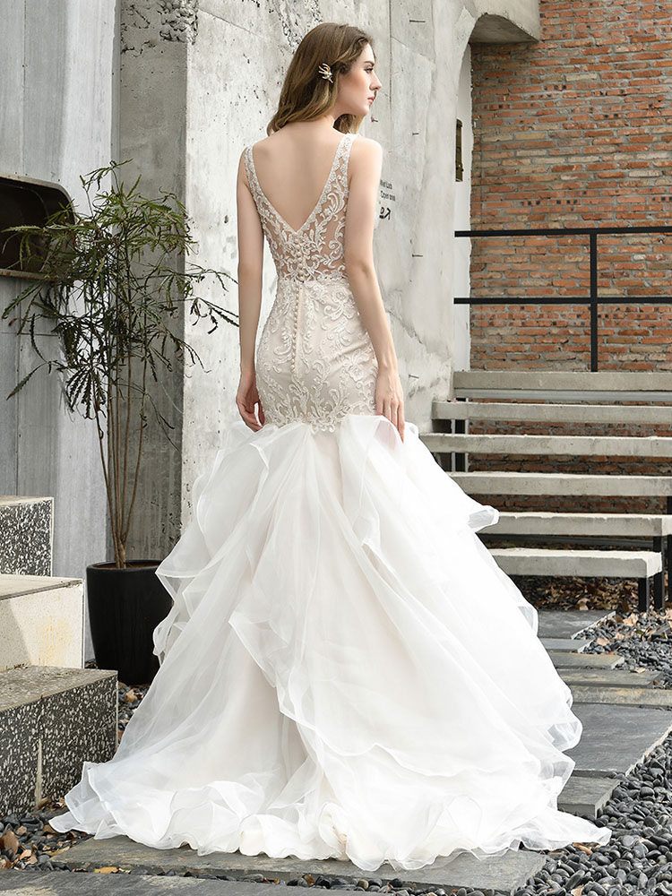 Wedding Bridal Gowns Mermaid Sleeveless V Neck Lace Bridal Gowns With Train-newarrivaldress