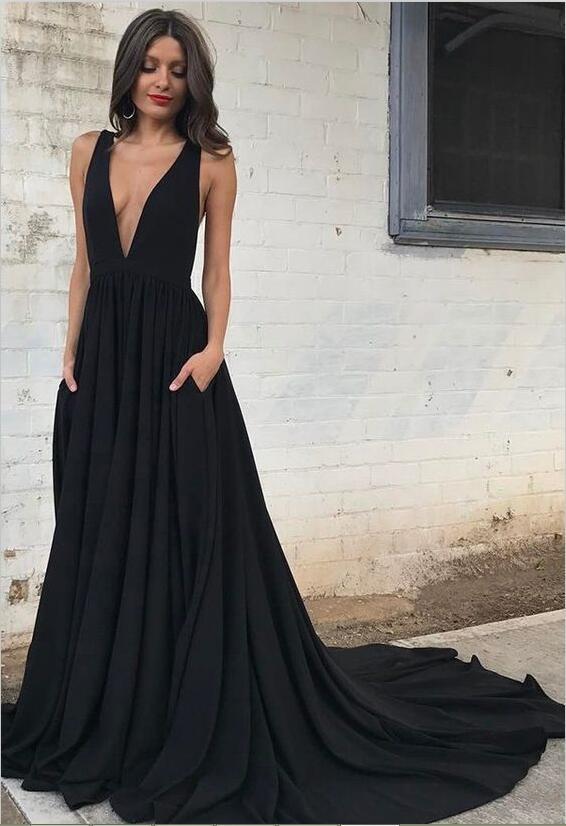 Backless Sexy Straps Black A-line Sleeveless V-neck Prom Dress-newarrivaldress