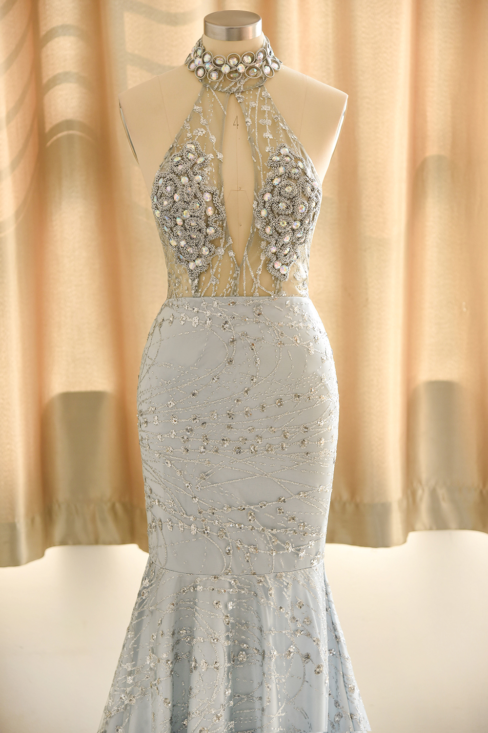 Sexy Beads Sequins Mermaid Prom Dresses Halter Sleeveless Floor Length Party Dress-newarrivaldress