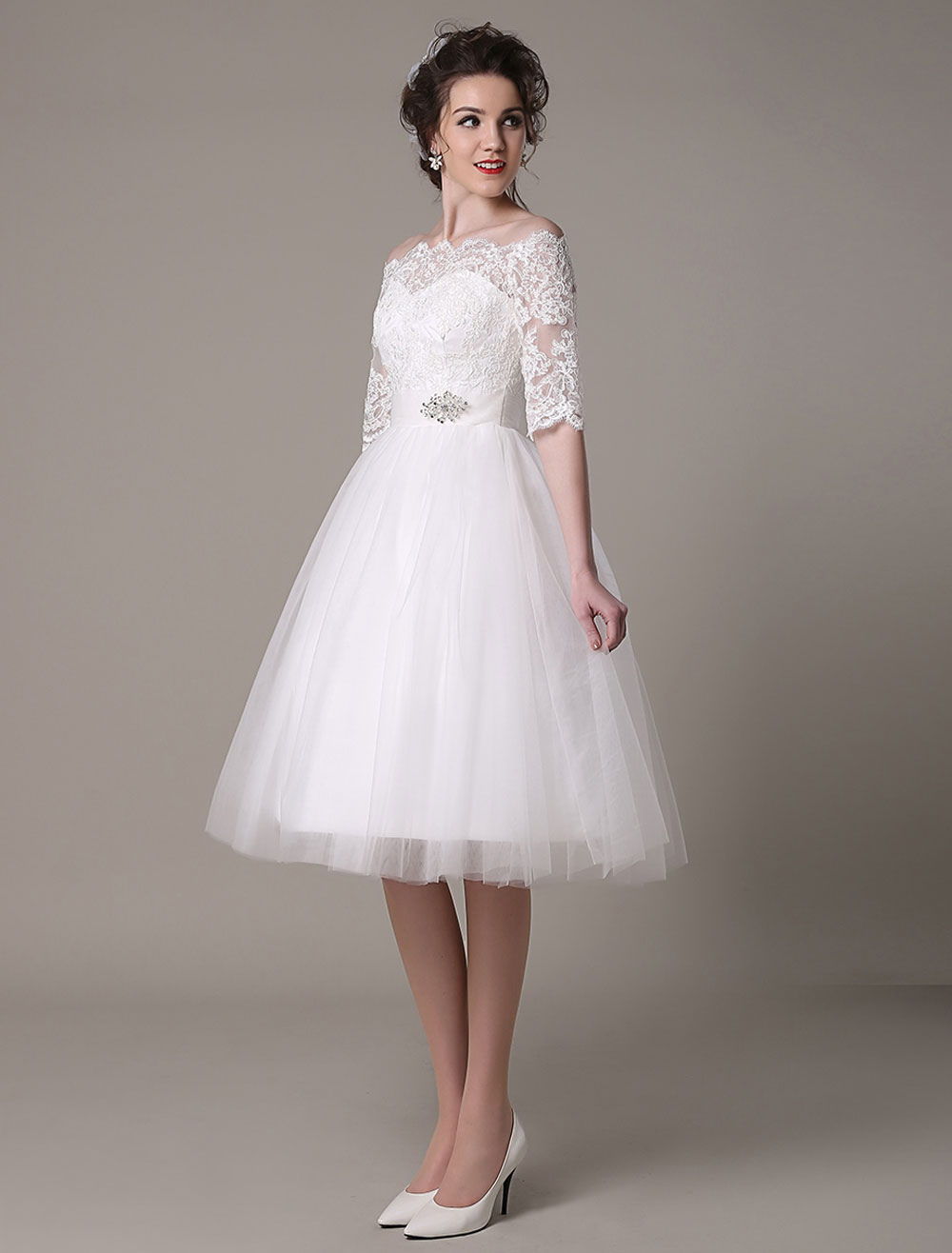 Lace Wedding Dresses 2021 Short Off The Shoulder A Line Knee Length Waist Rhinestone Bridal Dress Exclusive-newarrivaldress