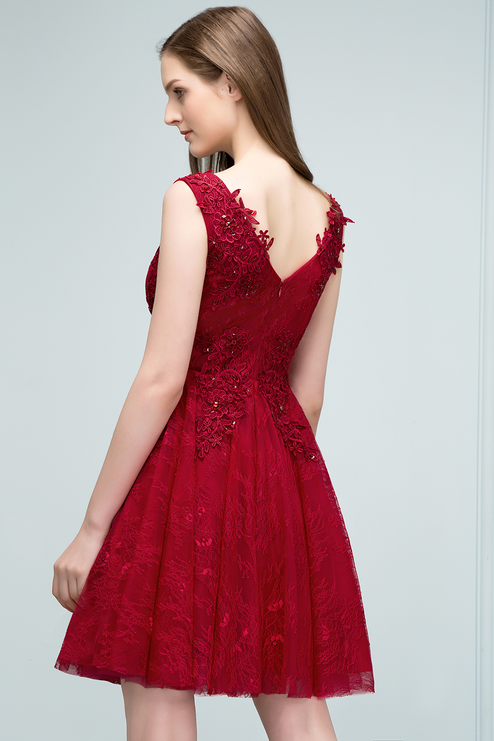 JULIA | A-line Sleeveless Short V-neck Lace Appliqued Tulle Prom Dresses-newarrivaldress