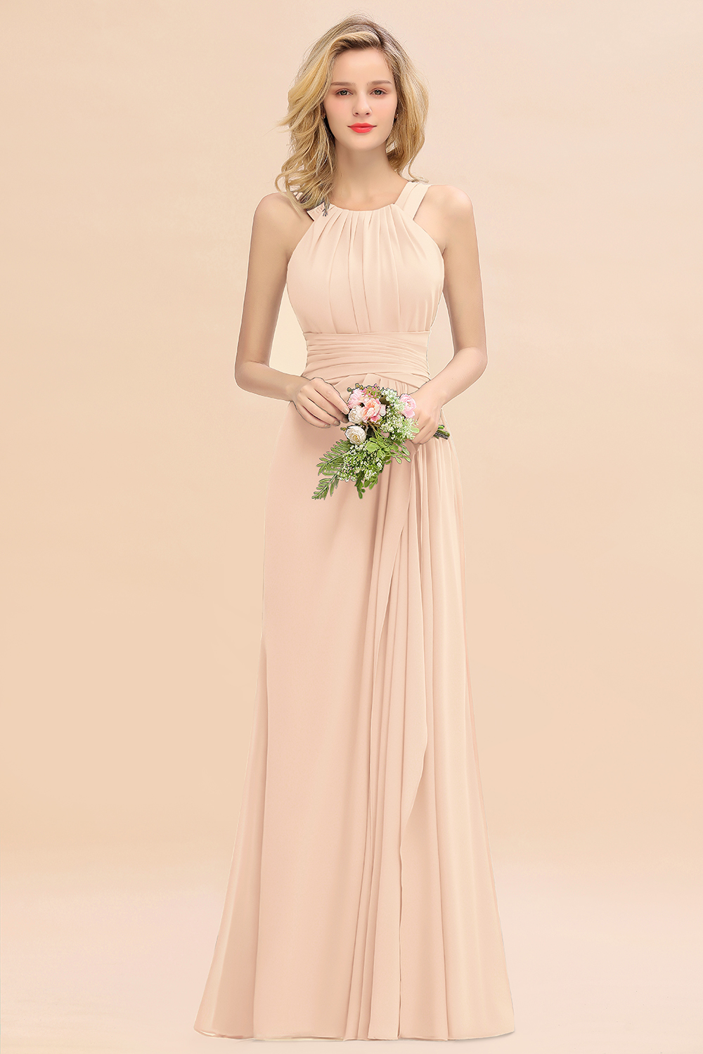 Halter Ruched Chiffon Mermaid Bridesmaid Dress Long Wedding Guest Dress-newarrivaldress
