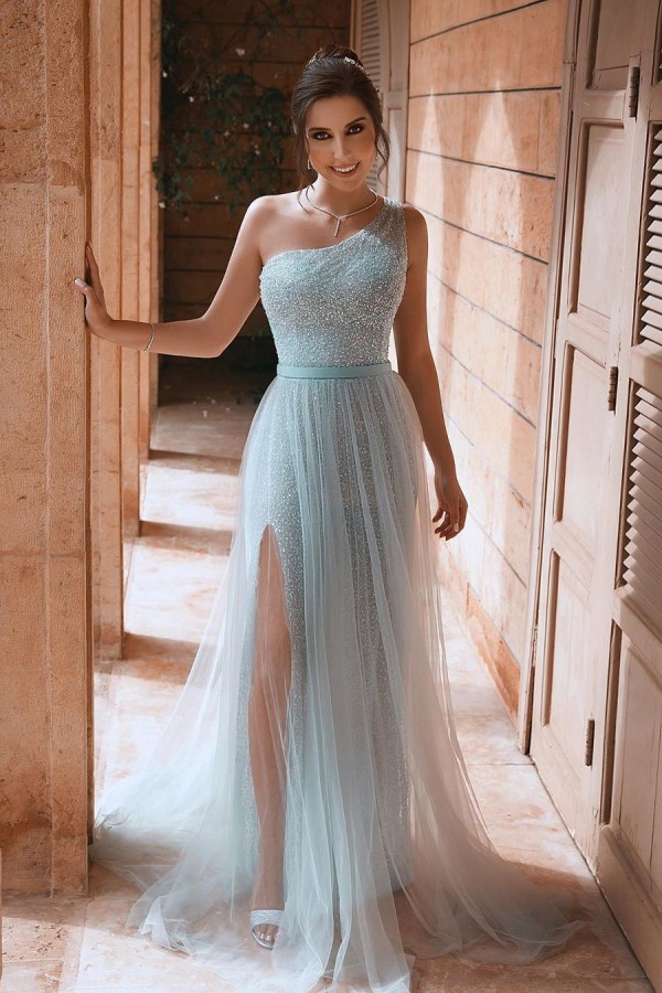 One Shoulder Shiny Sequins Belt Prom Dresses | Side Split Tulle Floor Length Evening Gowns-newarrivaldress