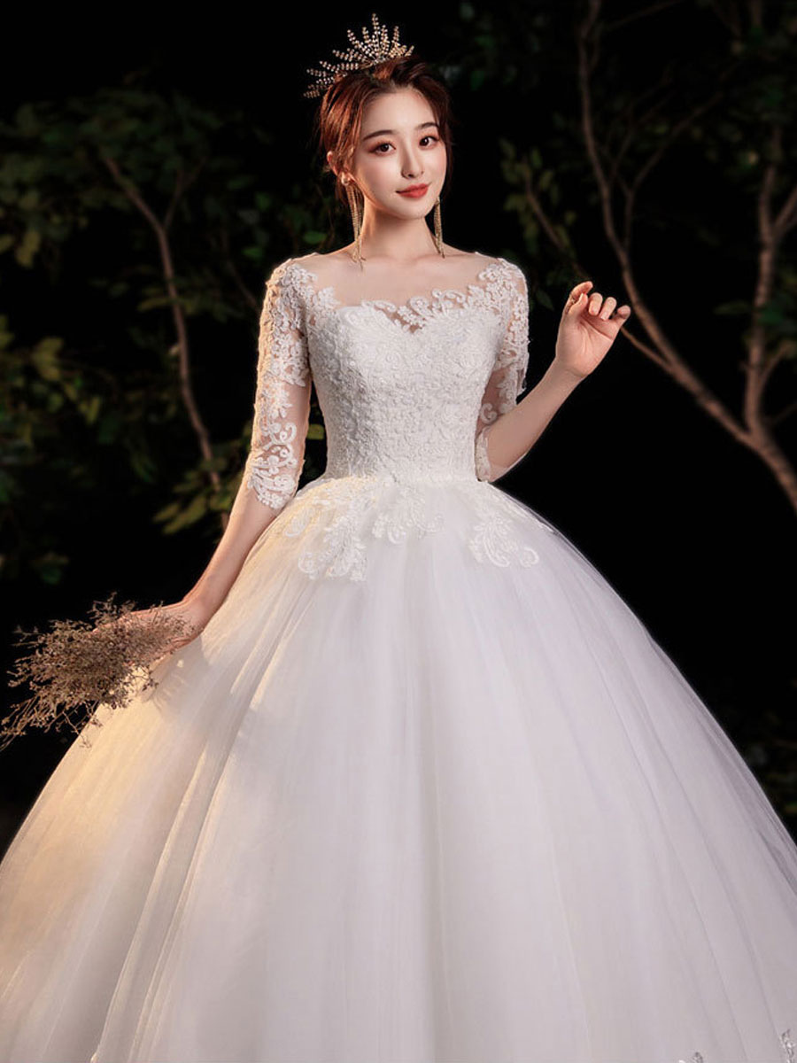 Simple Wedding Dress Eric White Ball Gown Jewel Neck Half Sleeves Applique Long Bridal Dresses-newarrivaldress