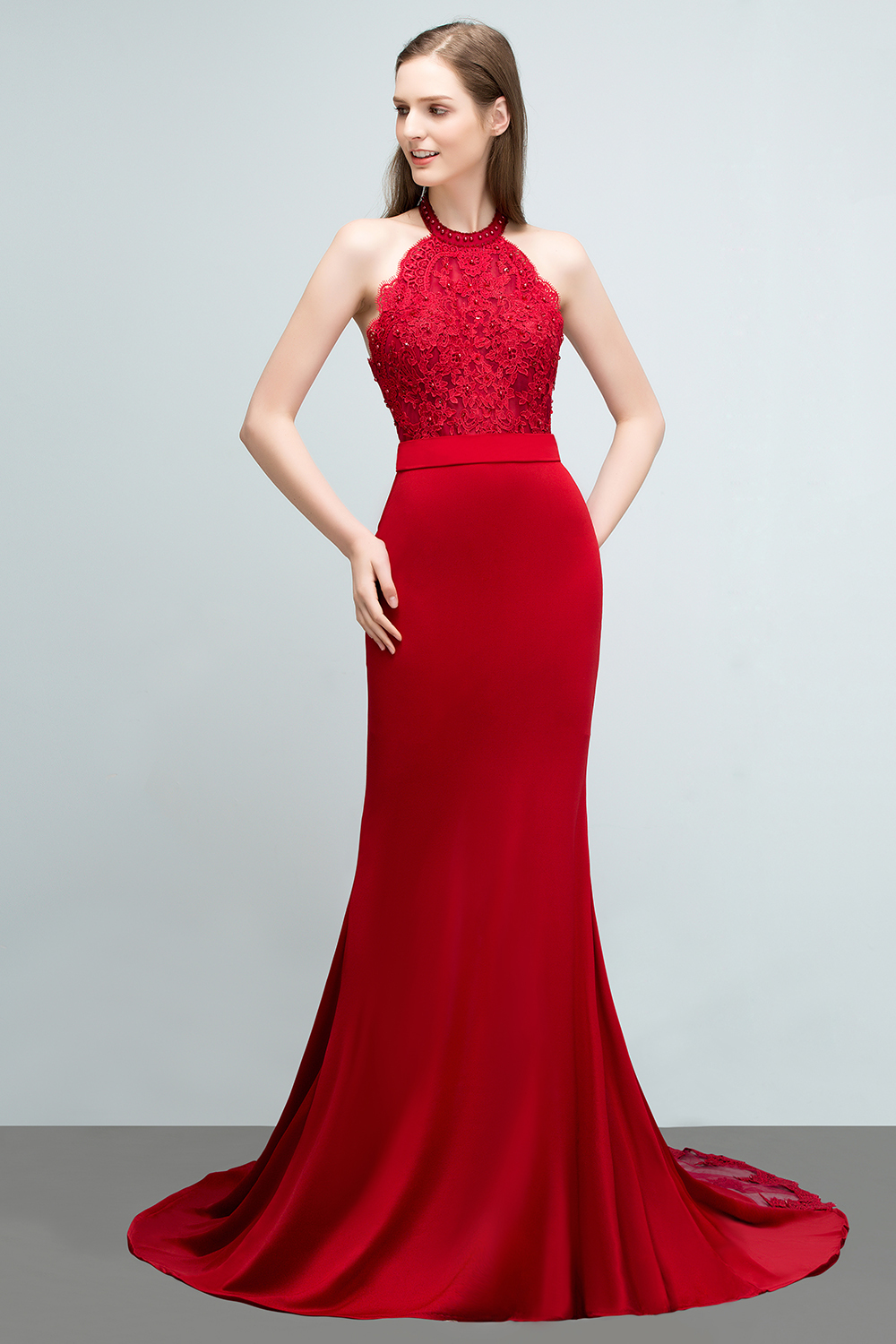 JOY | Mermaid Halter Floor Length Appliqued Beads Red Prom Dresses with Sash-newarrivaldress