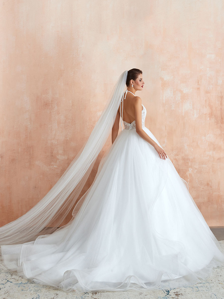 Wedding Dress 2021 Ball Gown Halter Sleeveless Floor Length Lace Tulle Bridal Gowns With Train-newarrivaldress