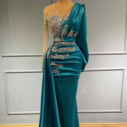 Elegant V-neck Satin Long Sleeves Mermaid Prom Dress with Side Wrap-newarrivaldress