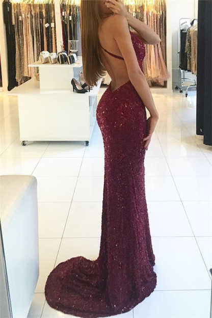 Shiny Mermaid Burgundy Prom Dresses V-neck Straps Backless Sequined Formal Dress-newarrivaldress