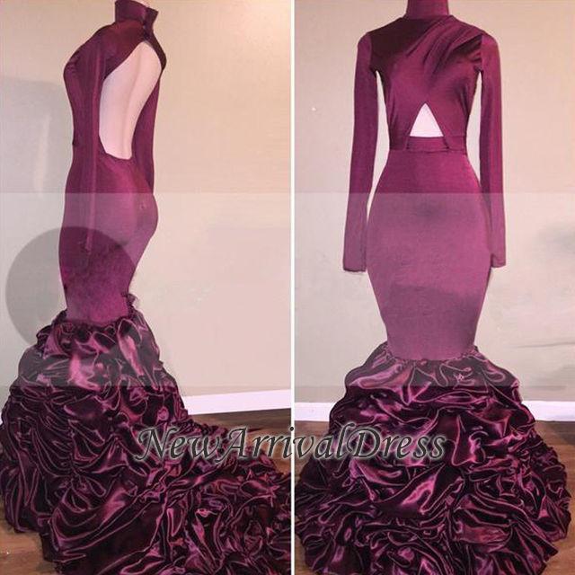 Ruffles Mermaid High Neck Open Back Long Sleeve Prom Dresses-newarrivaldress