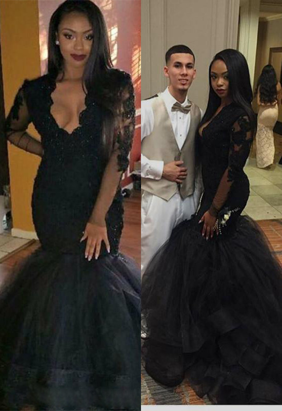Mermaid Long-sleeve Lace V-neck Black Sweep-Train Sexy Prom Dress-newarrivaldress