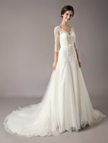 Wedding Dresses A Line Ivory V Neck Lace Tulle Half Sleeve Bridal Dress With Train-newarrivaldress