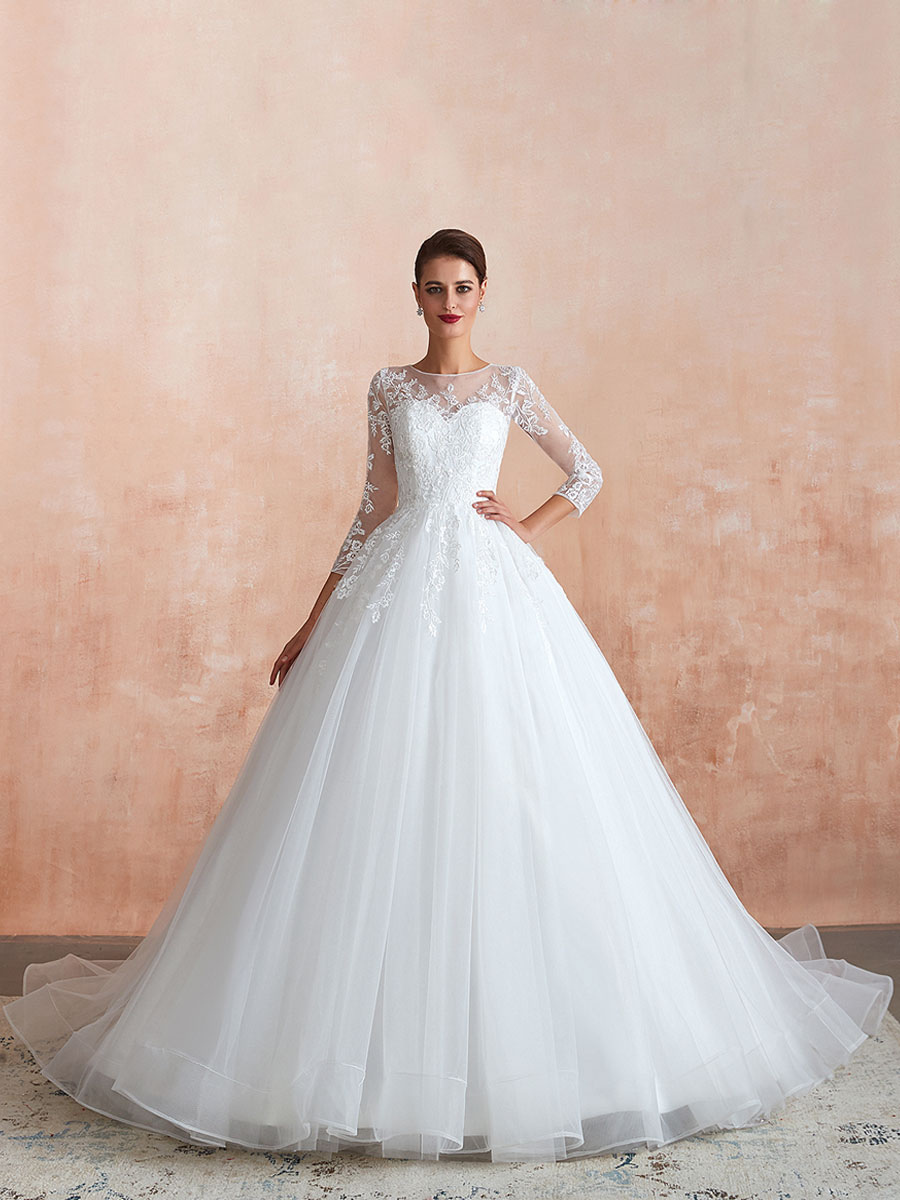 Wedding Gown 2021 3/4 Sleeve Jewel Neck Lace Appliqued Beaded Ball Gown Bridal Wedding Dress With Train-newarrivaldress