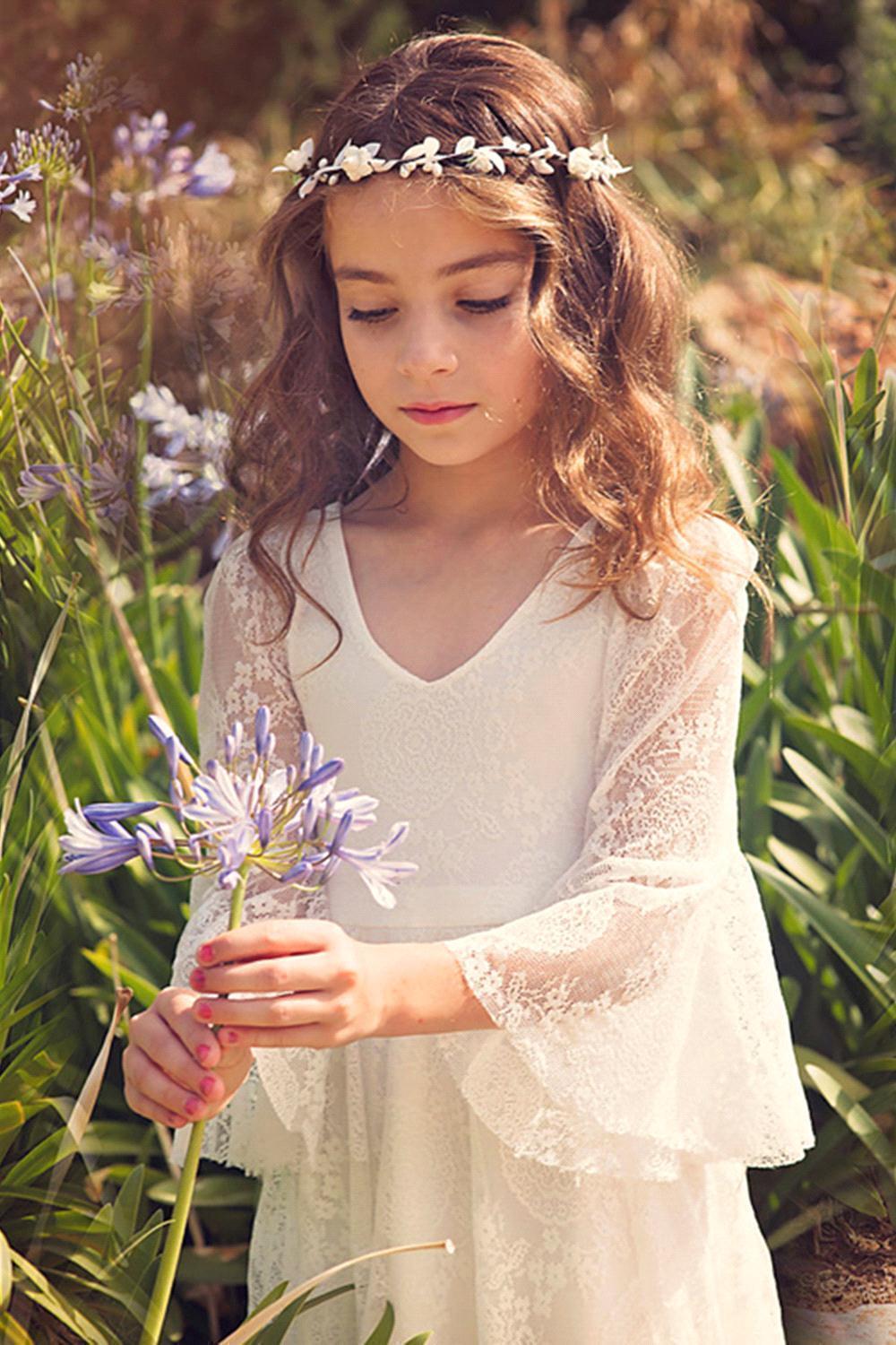 Boho Flower Girl Dress Long Sleeves Lace Pageant Dress for Kids-newarrivaldress