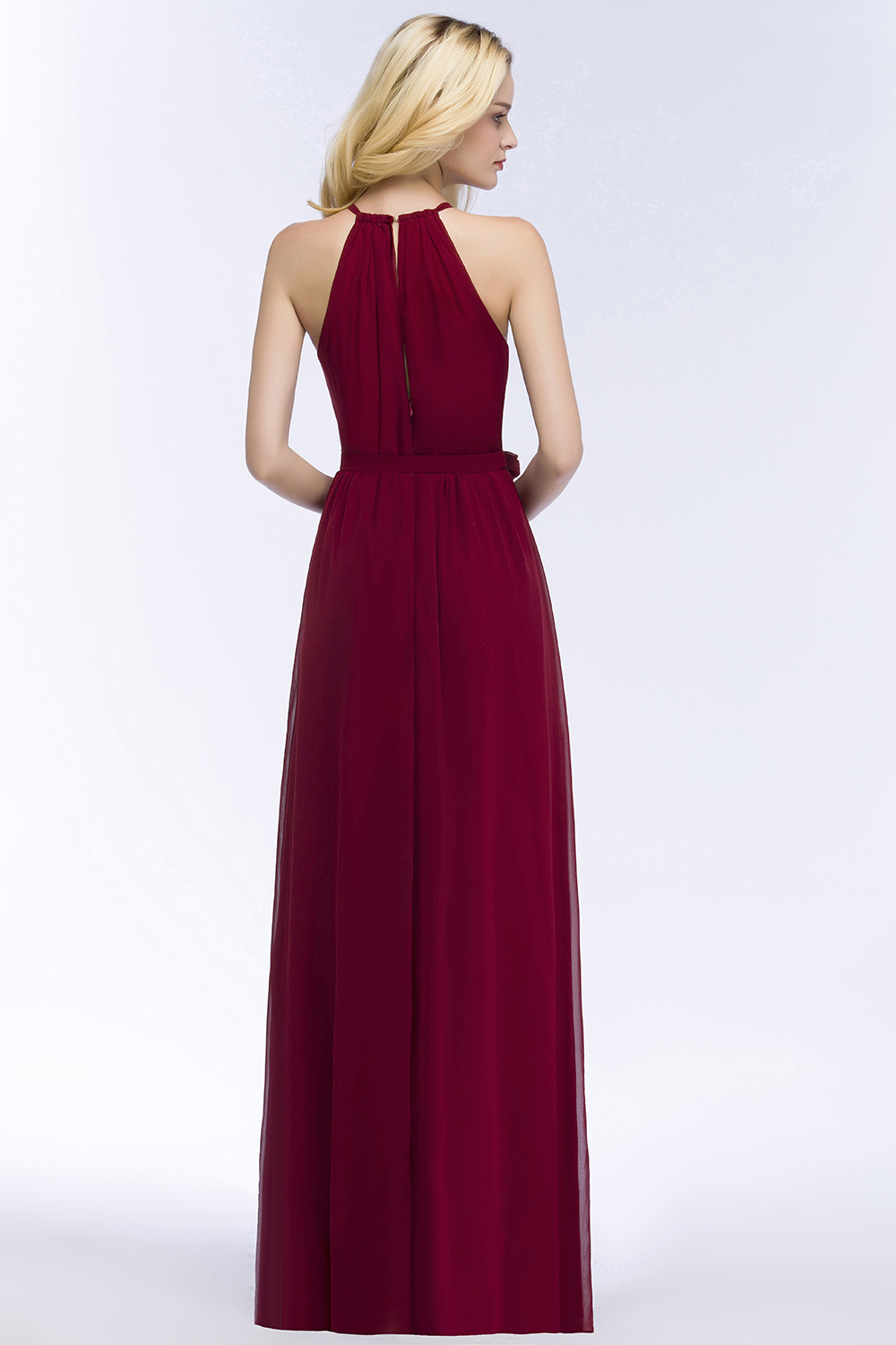 ROSALIND | A-line Halter Floor Length Burgundy Bridesmaid Dresses with Bow Sash-newarrivaldress