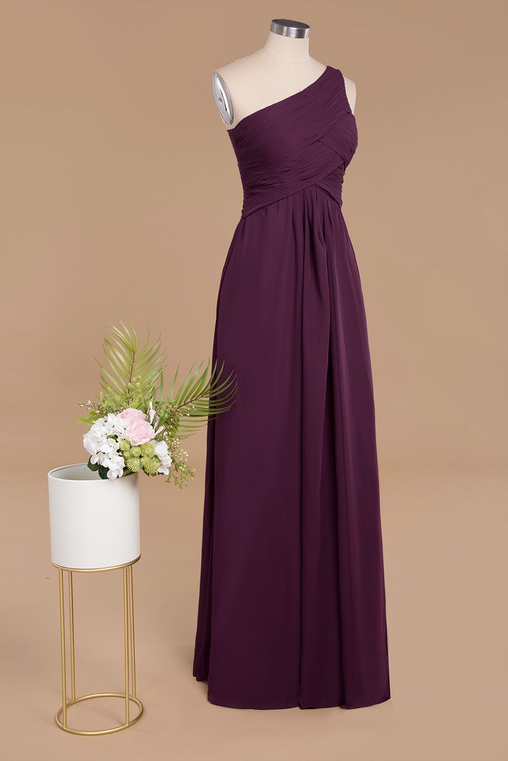 Elegant Ruched Chiffon One Shoulder Bridesmaid Dress Long Sleeveless Evening Dress-newarrivaldress