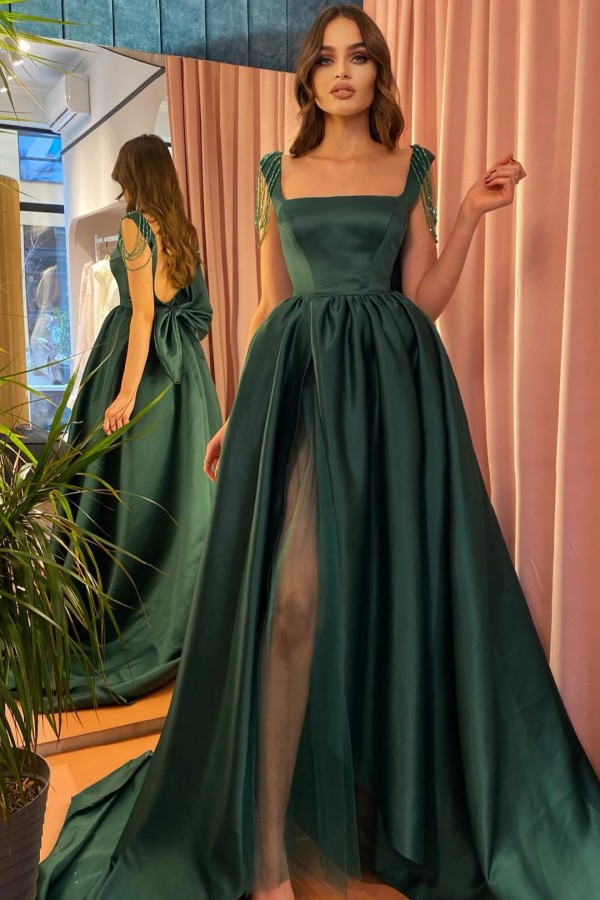 Square neck Long Evening Dress Side Slit Backless Formal Dress with Bow Tie-newarrivaldress
