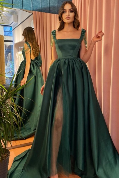 Square neck Long Evening Dress Side Slit Backless Formal Dress with Bow Tie-newarrivaldress