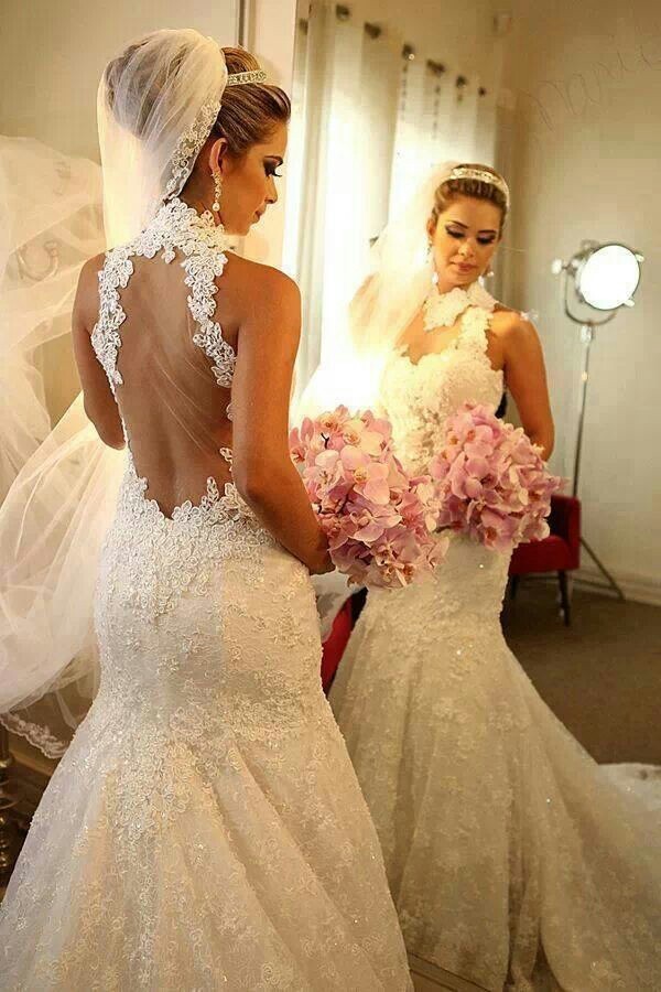 Sexy Mermaid Wedding Dresses Online High Neck Grace Full Lace See Through Back vestidos de novia-newarrivaldress