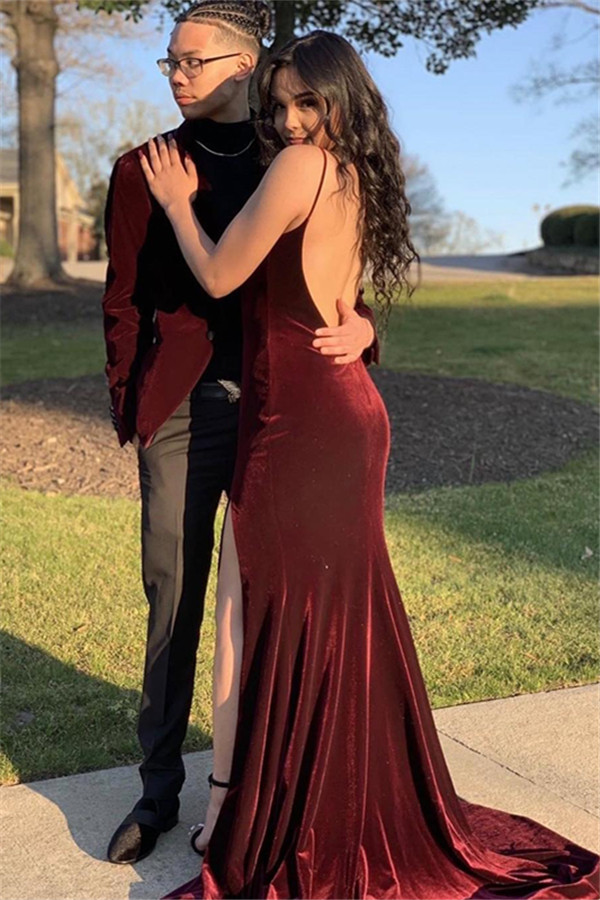 Sexy Burgundy Spaghetti-Straps Backless Side-Slit Velvet Mermaid Prom Dresses-newarrivaldress