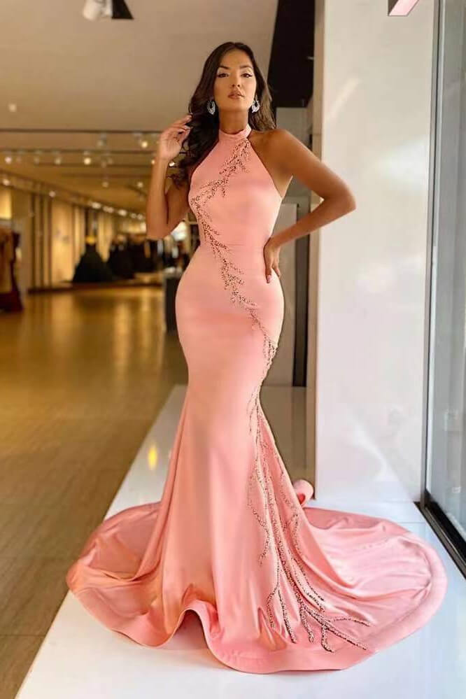 Halter Pink Satin Mermaid Prom Dress with Appliques-newarrivaldress