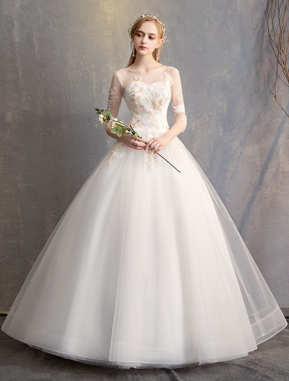 Ball-Gown-Princess-Wedding-Dresses-Ivory-Half-Sleeve-Backless-Applique-Bridal-Dress-newarrivaldress