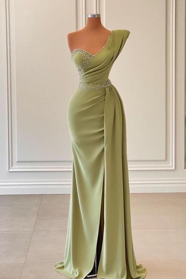 Charming One Shoulder Beadings Long Prom Dress Satin Evening Dress with Side Slit Cape-newarrivaldress