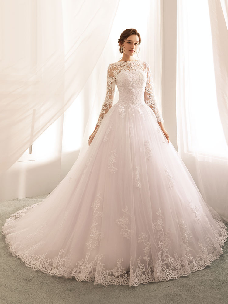 Wedding Dresses 2021 Princess Silhouette Bateau Neck Long Sleeve Natural Waist Lace Tulle Bridal Gowns-newarrivaldress