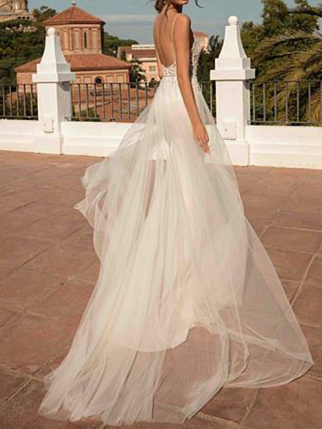Boho Mermaid Wedding Dress Spaghtti Straps 3D Floral with detachable train