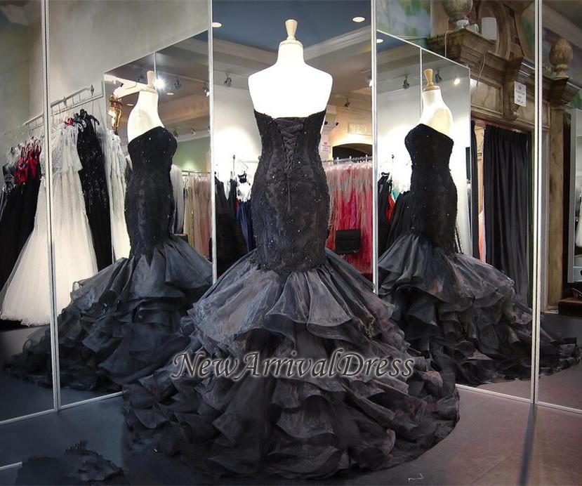Lace-up Modern Black Ruffles Sweetheart Sweep-Train Sleeveless Evening Gown Prom Dress-newarrivaldress