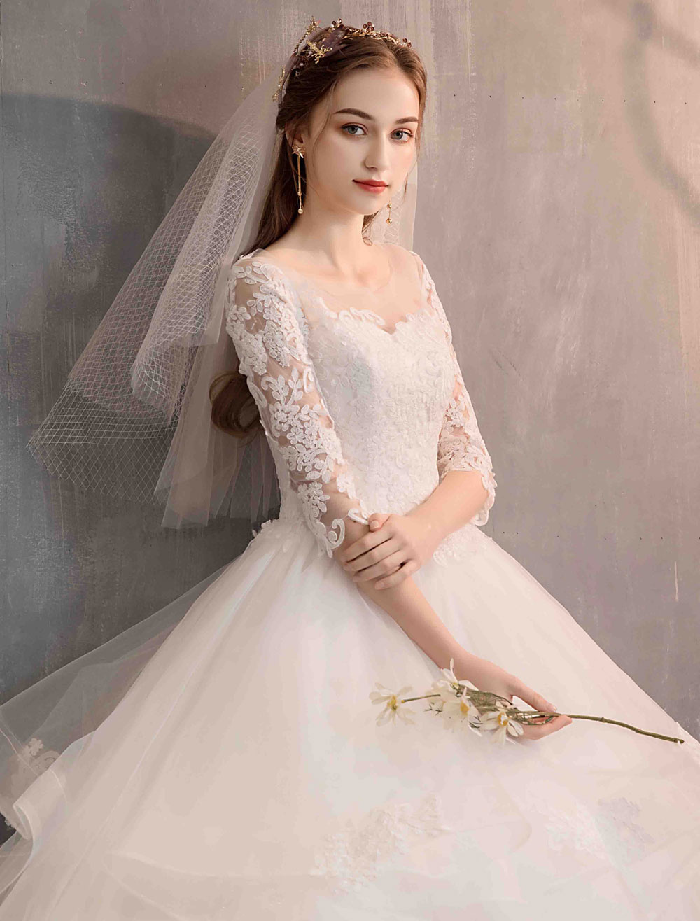 Ivory Wedding Dresses Tulle Illusion Neckline Half Sleeve Floor Length Princess Bridal Gown-newarrivaldress