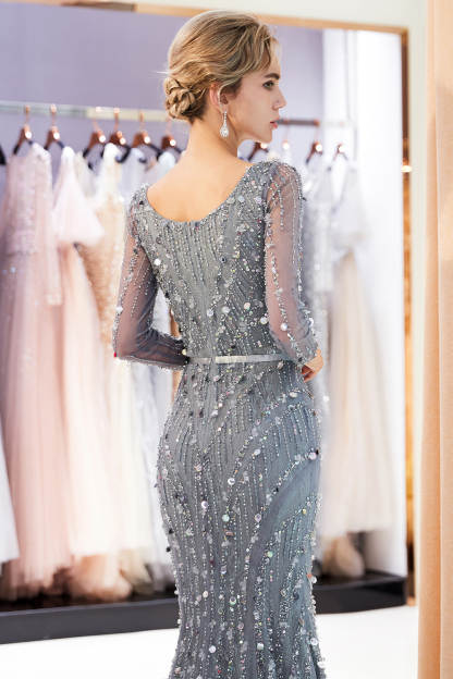 Long Sleeves V-neck Mermaid Sequins Evening Gowns with Sash-newarrivaldress