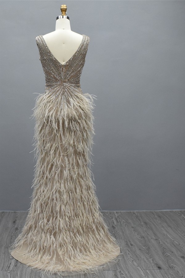 Luxury Deep V-neck Beadings Long Prom Dress with Tassels Fur Cap Sleeves Mermaid Evening Dress-newarrivaldress