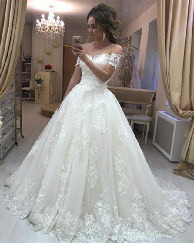 Off The Shoulder Lace Wedding Dresses Online | Puffy Tulle Sexy Bride Dress-newarrivaldress