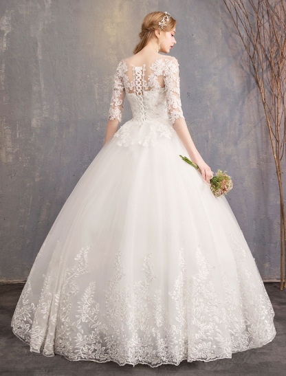 Princess Wedding Dresses Lace Illusion Neckline Half Sleeve Floor Length Bridal Gown-newarrivaldress