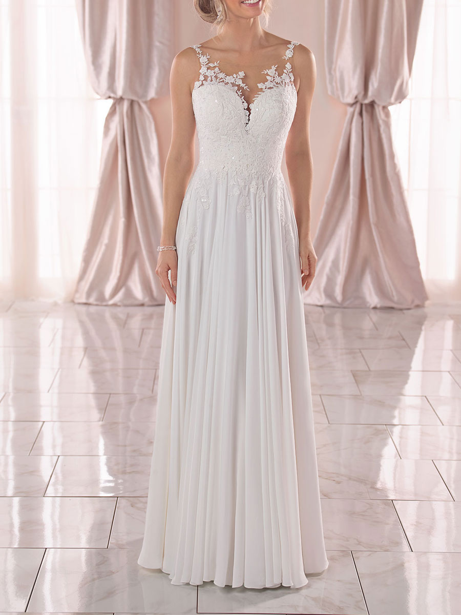 White Simple Wedding Dress A-Line V-Neck Sleeveless Backless Long Lace Bridal Gowns-newarrivaldress