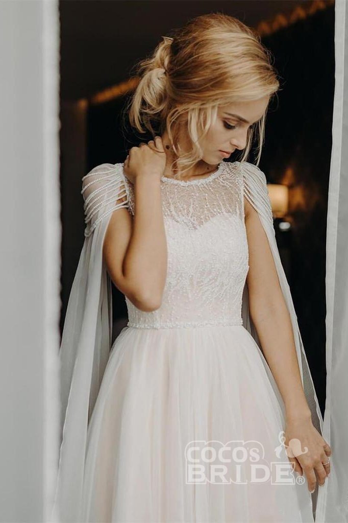 A Line Chiffon Cap Sleeves Boho Beach Wedding Dress Beaded Simple Dress for Bride-newarrivaldress