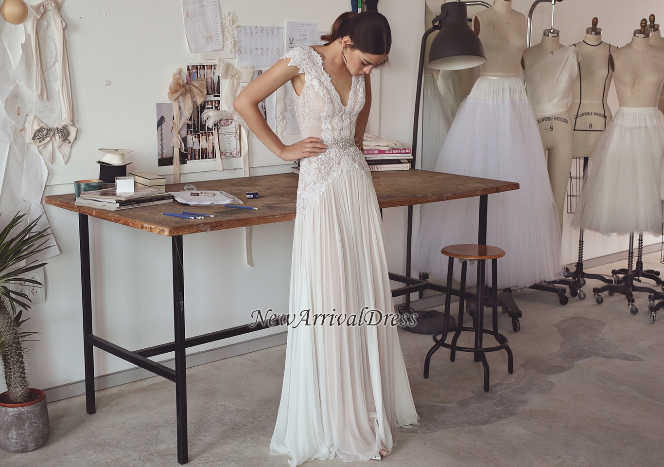 Chiffon Cap Sleeve Crystals Long Glamorous Wedding Dress-newarrivaldress