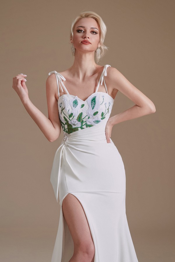 Spagheti Straps Side Slit Wedding Dress Leaves Pattern Bridal Dress-newarrivaldress