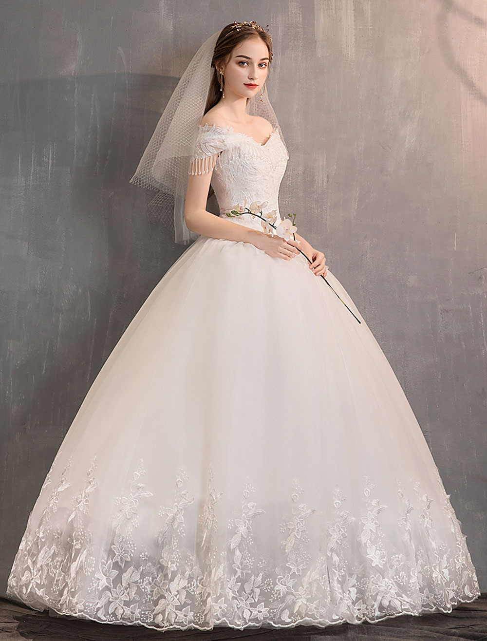 Tulle Wedding Dresses Princess Bridal Gown Off The Shoulder Lace Applique Floor Length Ball Gown Bridal Dress-newarrivaldress