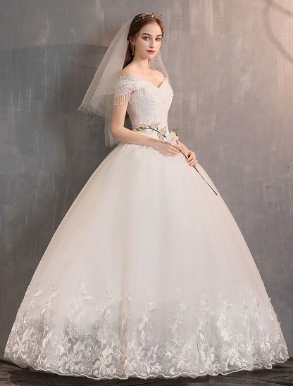 Tulle Wedding Dresses Princess Bridal Gown Off The Shoulder Lace Applique Floor Length Ball Gown Bridal Dress-newarrivaldress