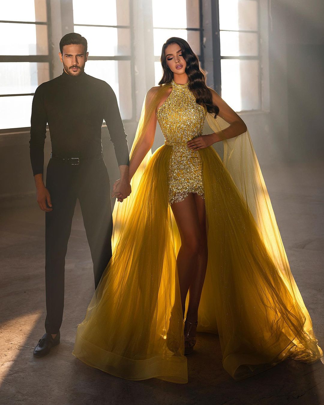 Charming Halter Crystals Hi-Lo Prom Dress Sleeveless Yellow Evening Dress with Cape-newarrivaldress