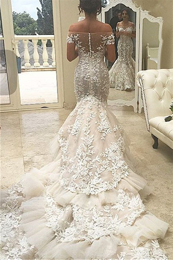Buttons Tiered Appliques Tulle Off The Shoulder Mermaid Elegant Wedding Dresses-newarrivaldress