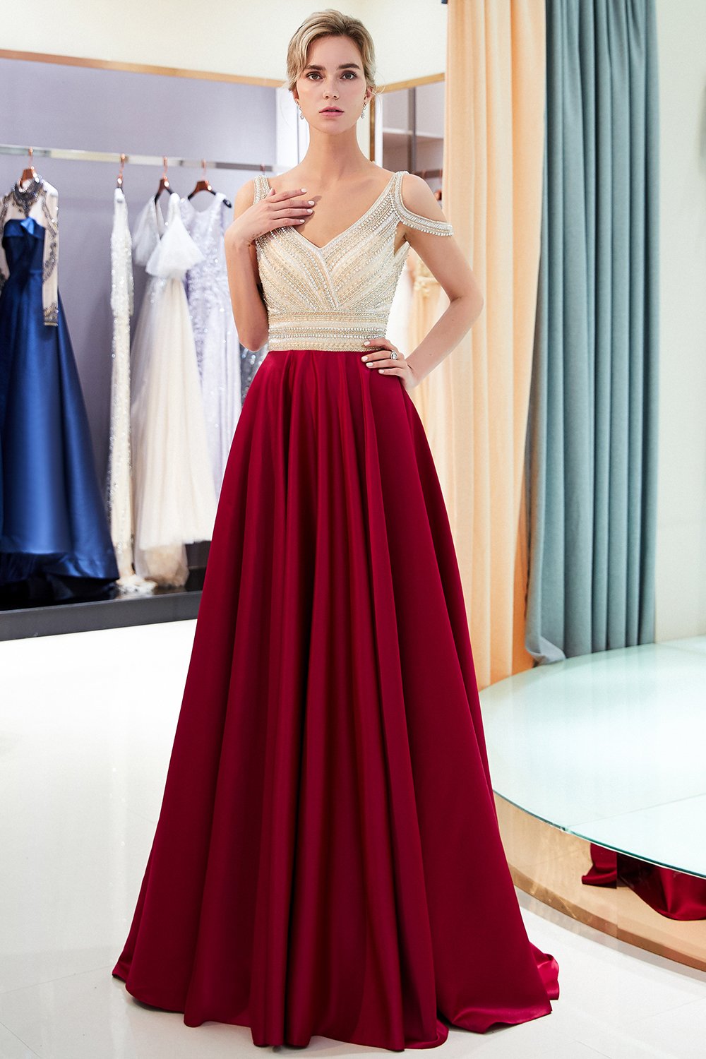Burgundy A-line V-neck Sleeveless Crystal Beading Evening Dresses-newarrivaldress