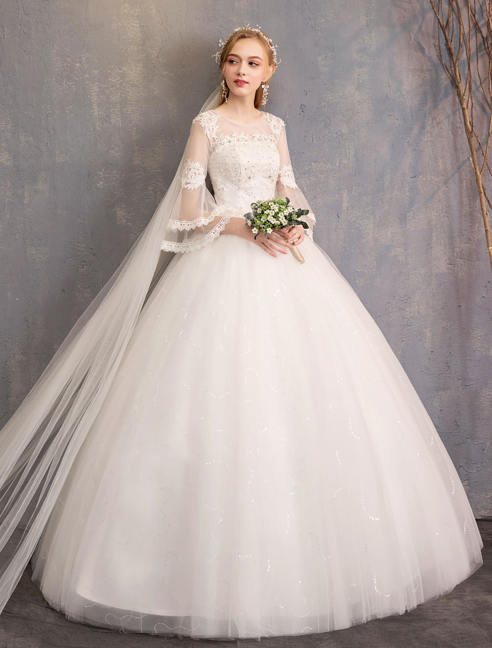 Ball Gown Wedding Dresses Tulle Jewel 3/4 Length Sleeve Floor Length Princess Bridal Gown-newarrivaldress