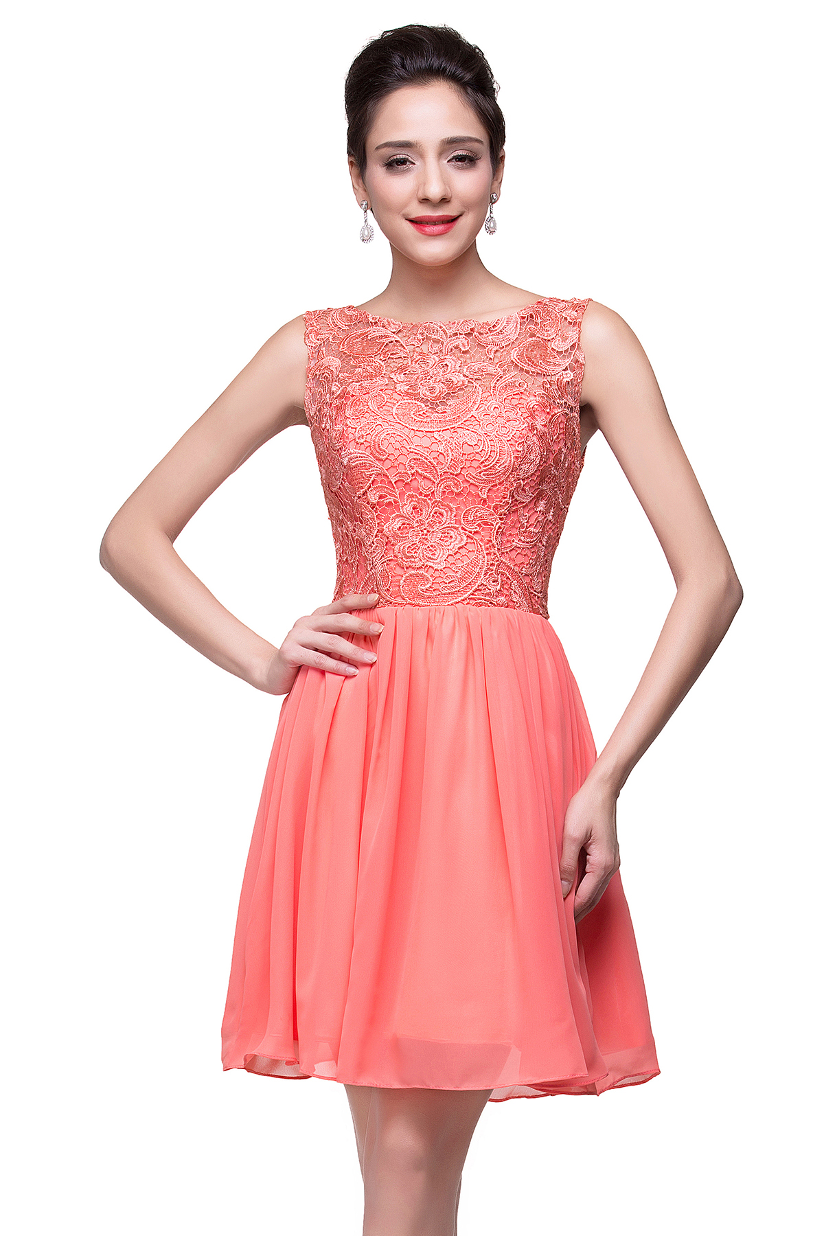 ELIANA | A-line Short Sleeveless Bateau Chiffon Ruffles Lace Top Prom Dresses-newarrivaldress